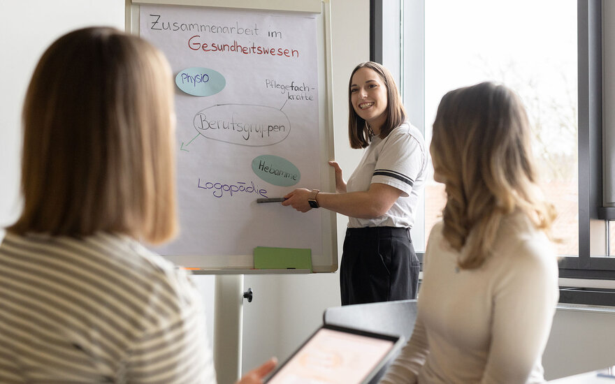 Eine Studentin zeigt und erklärt etwas auf einem Flipchart während zwei andere ihr, mit dem Rücken zur Kamera gedreht, sitzen und zuschauen.