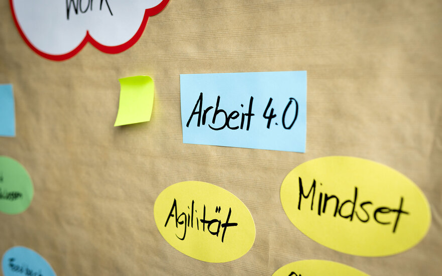 Bild von einer Pinnwand an dem Karten mit den Aufschiften "Arbeit 4.0", "Agilität" und "Mindset" kleben..
