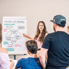 Vier Studierende hören einer Studentin, Referentin, zeigt auf Flipchart mit Grafik