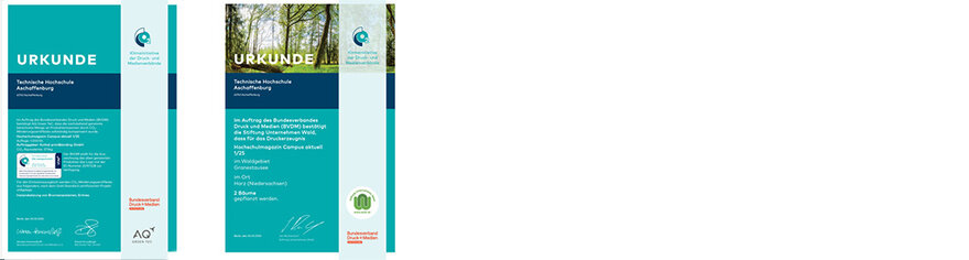 Zertifikate zur Baumpflanzung und zur klimaneutralen Produktion in türkis und weiss