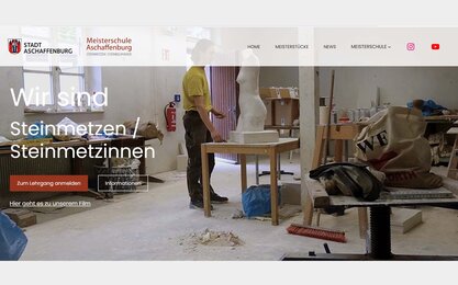 Startseite der Stadt Aschaffenburg. Dort wird eine Lehrgangsbewerbung zum/zur Steinmetz/in beworben..