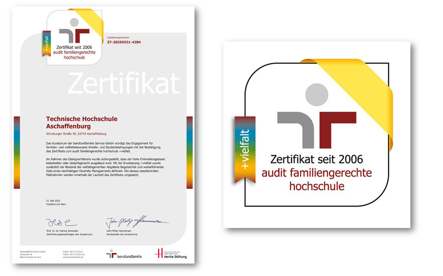 Abbildung des Zertifikats und Grafik des Siegels familiengerechte Hochschule plus Vielfalt
