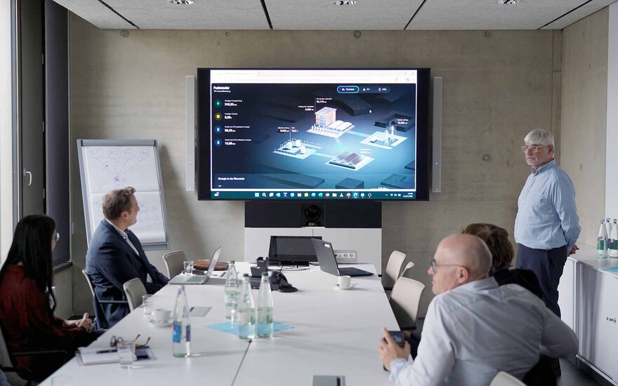 Personen am Tisch vor großem Screen mit Ansicht der App zur PV-Anlage