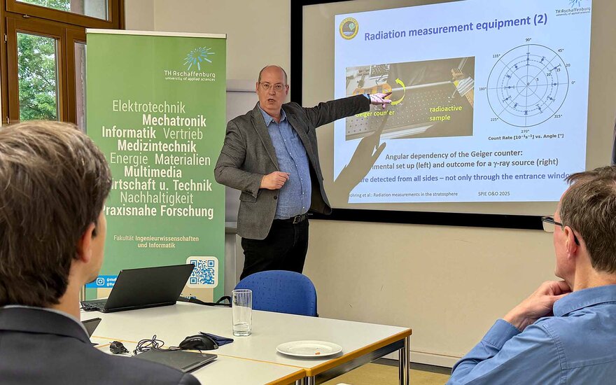 Ein Mann steht zwischen einem grünen Roll-up und einer Leinwand mit einer Präsentation. Er zeigt mit der linken Hand auf die Präsentation. Vor ihm sind zwei Zuhörer von hinten zu sehen. 