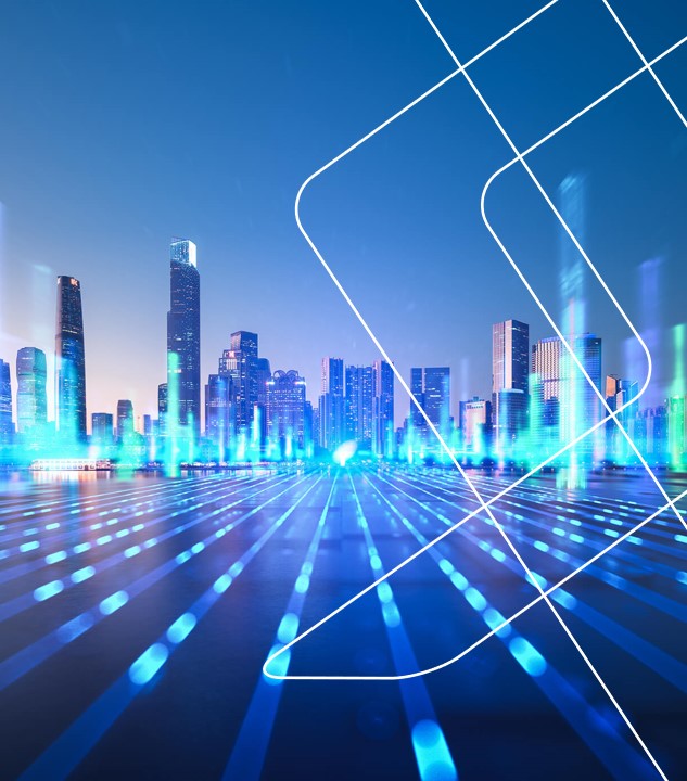 Skyline einer großen Stadt vor blauem Hintergrund mit futuristuschen Lichtern und Streifen