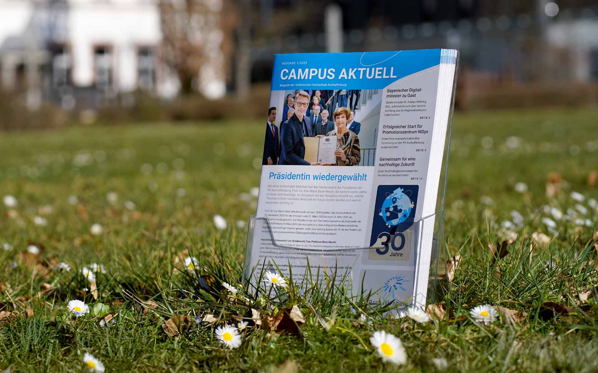 Hochschulmagazine im Prospektständer auf Wiese mit Gänseblümchen vor Gebäuden der TH