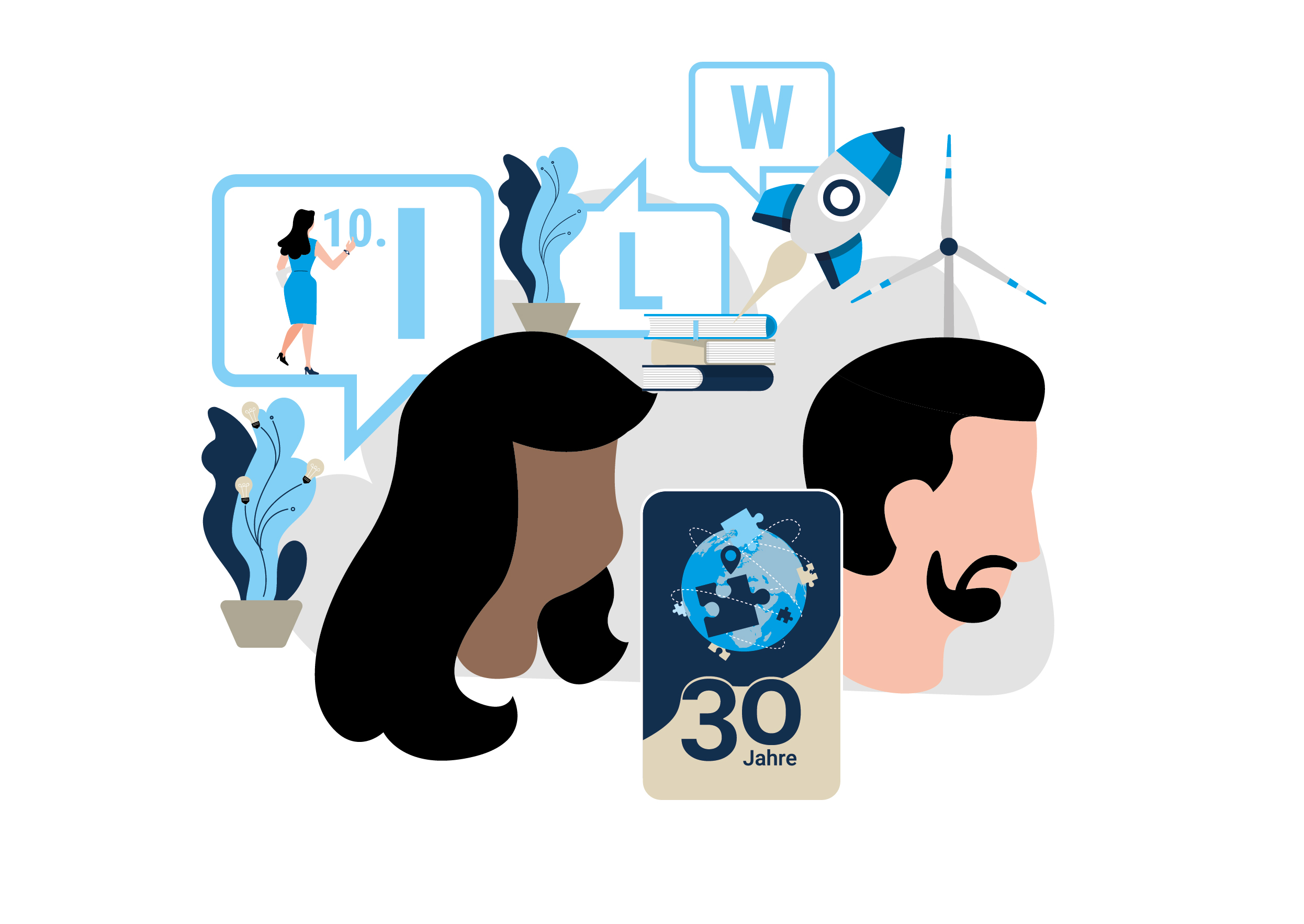 Grafik mit einem weiblichen und männlichen Kopf, 30-Jahre-Logo und weiteren Symbolen für Internationalität